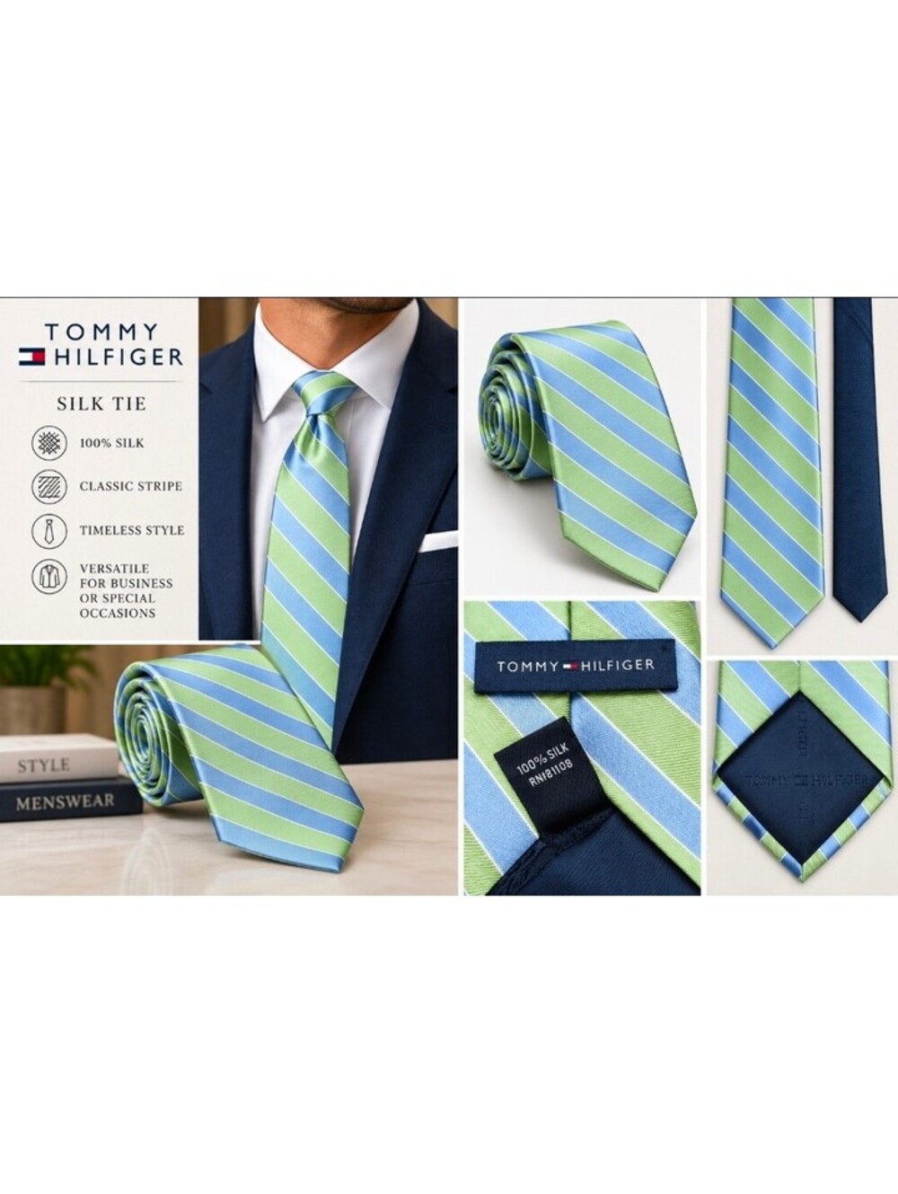Tommy Hilfiger 100% Silk Tie Green Blue Striped Navy Men's Preppy Necktie